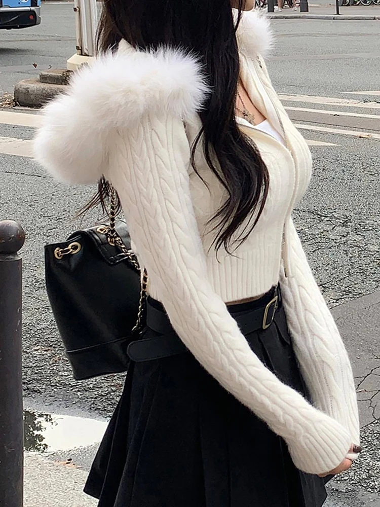 IAMSURE Sweet Furry Trim Hooded Knitted Cropped Cardigans Slim Zipper Long Sleeve Sweaters Women 2023 Autumn Winter Fashion Lady