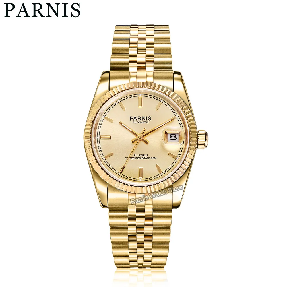 Parnis 36mm 21 Jewels Automatic Mens Watch Sapphire Crystal Gold Stainless Steel Wristwatch