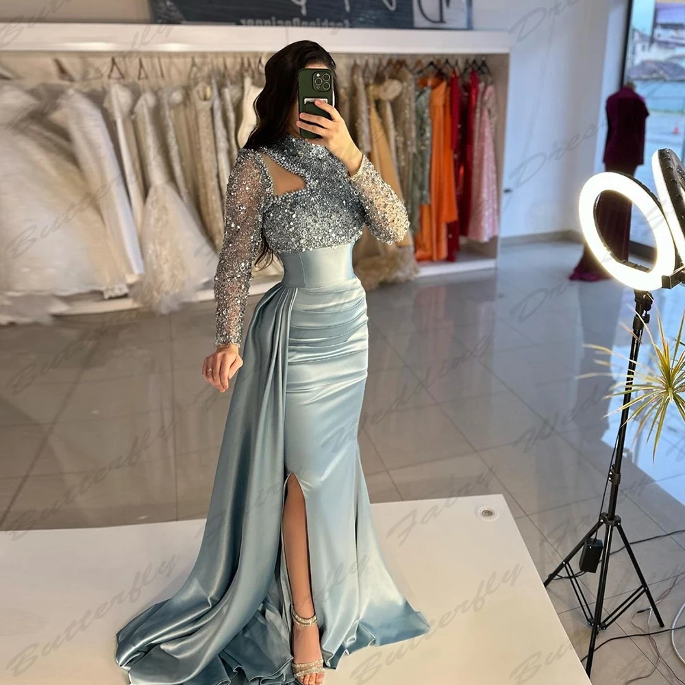 Vintage Elegant Women's Evening Dresses Long sleeved High Necked Mermaid Muslim Princess Prom Gowns Arab Dubai Formal Fashion