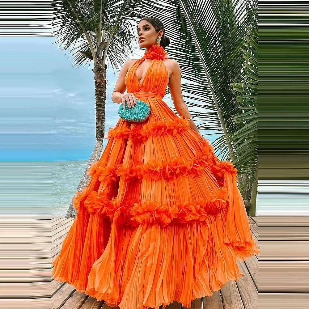 

Sexy Back Draped Girls Birthday Dress Floor Length Party Gowns Orange Summer Beach Prom Dresses Halter