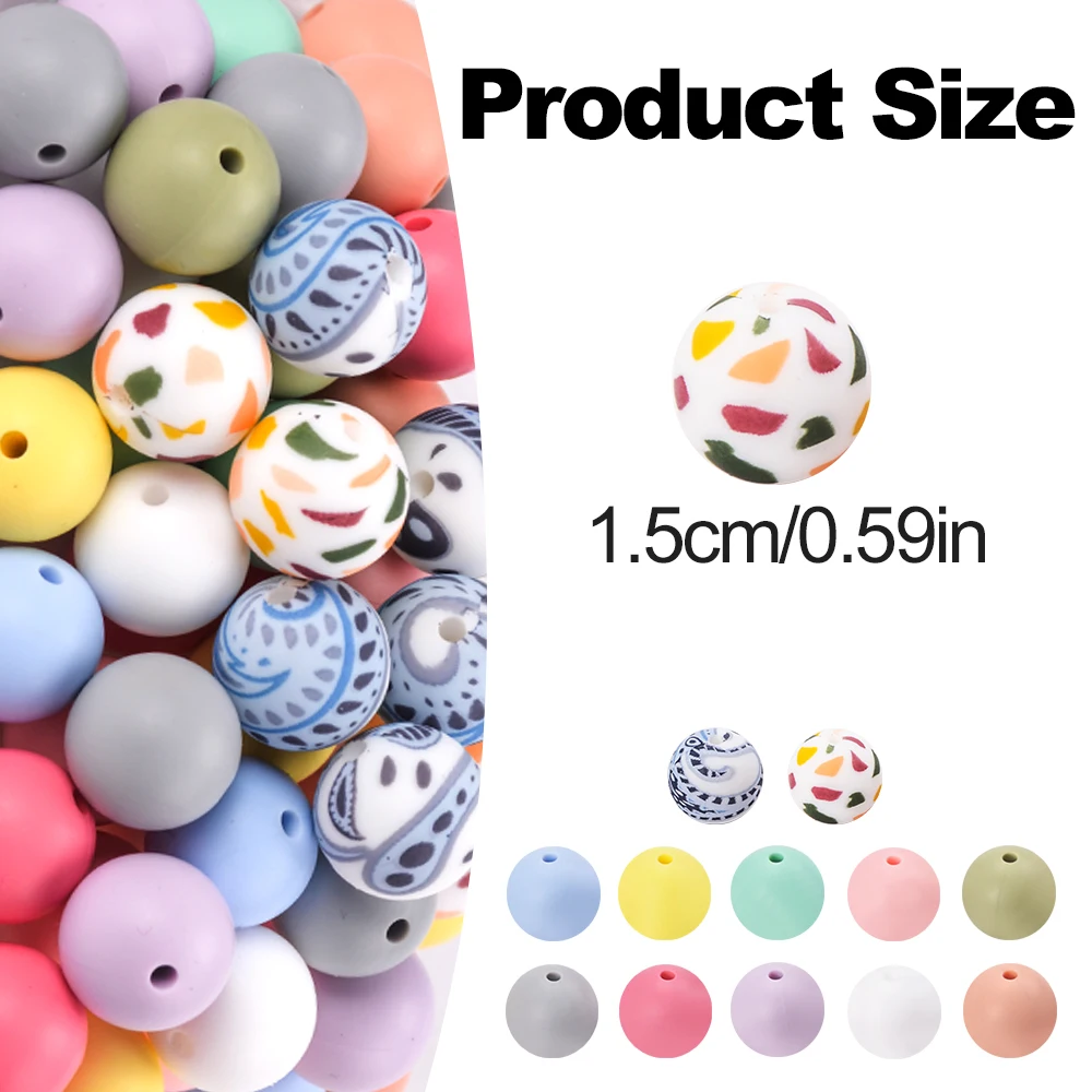 LOFCA 15mm silicone Beads Plant silicone printed Round beads used to make Bracelet keychains Necklaces Jewelry accessories