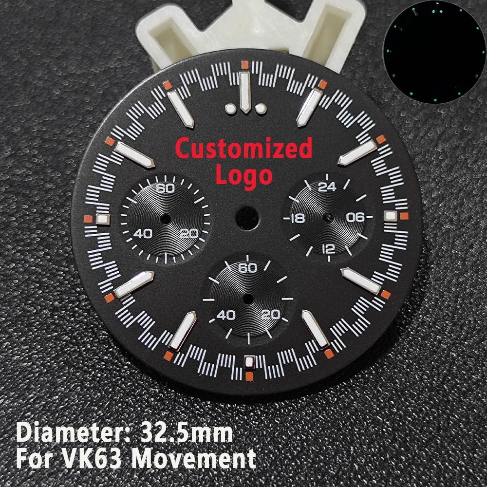 Customized Logo VK63 Dial For VK63 Movement 32.5mm C3 Green Luminous Single Calendar Dial DIY VK63 Watch Dial Accessories