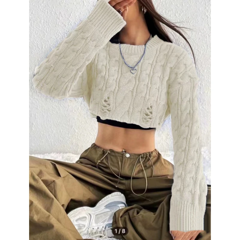 Korean Knitted Sweater Women Round Neck High Waist Short Style Pullover Long Sleeve Top