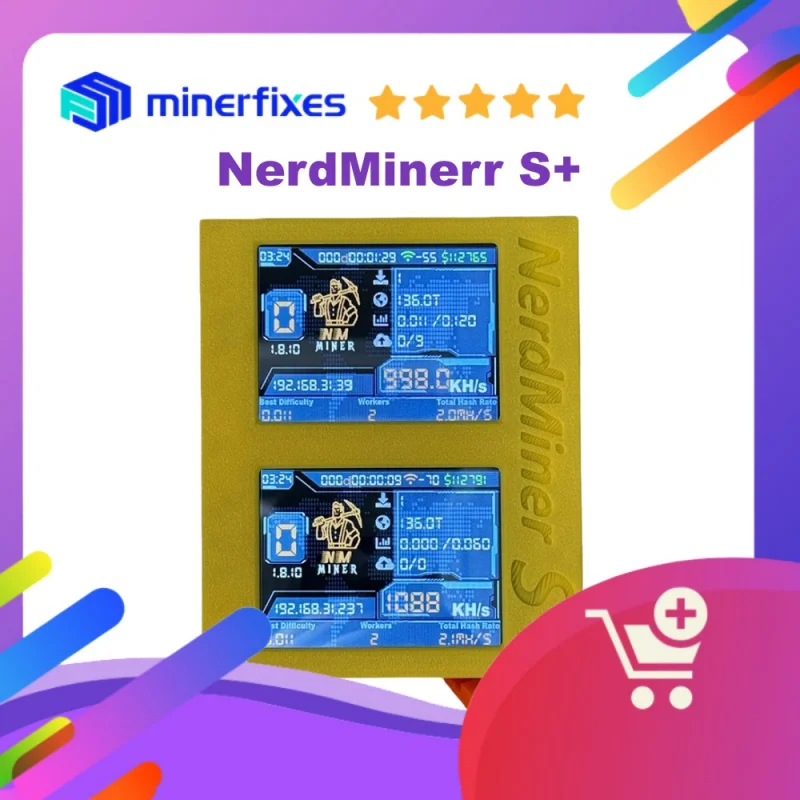

Nerdminer S+ Bitcoin Solo Miner Dual Screens 2X1060KH/S ETH Price/Mining/Time Display WiFi Crypto Lottery Miner