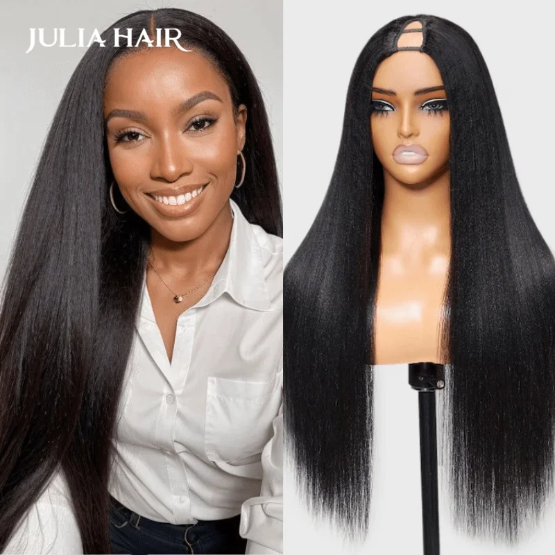 Julia Hair Upgrade 2.0 Drawstring Yaki Straight V Part Wig Realistic Scalp No Glue V Shape Human Hair Machine Made Wig 180%