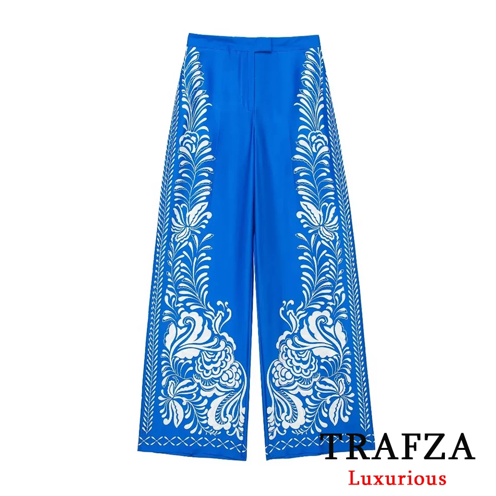 TRAFZA Vintage Blue Geometric Print Women Suits Long Sleeve Buttons Loose Shirts+High Waist Wide Leg Pants Fashion 2024 Sets