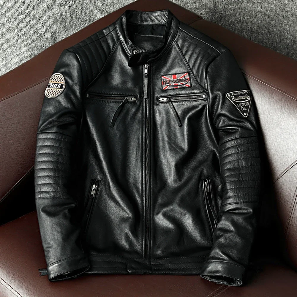 Free shipping,Biker Popular motor style Vintage men's quality genuine leather Jacket slim 100% natural cowhide coat.Dermis