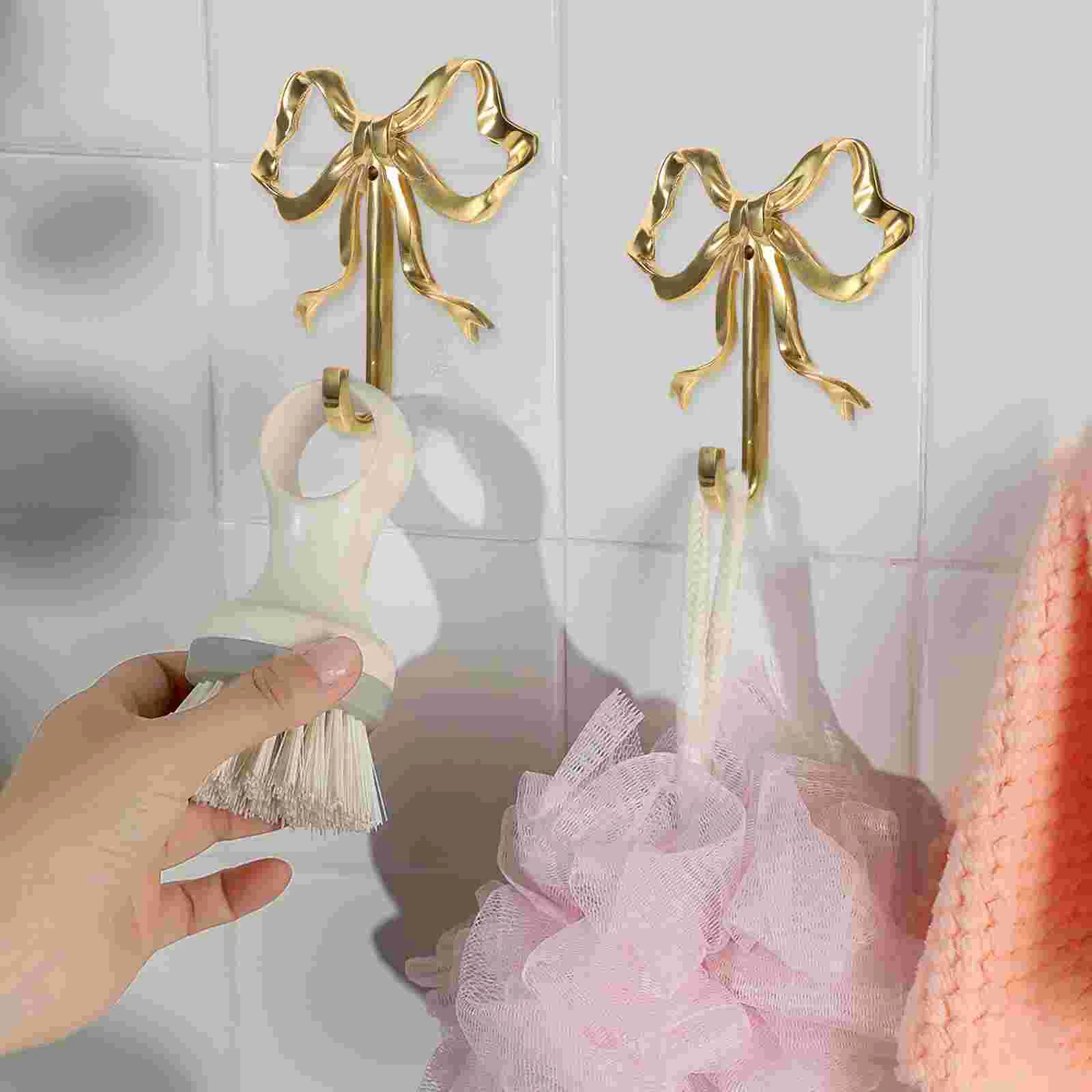 2Pcs Brass Butterfly Bowknot Wall Hooks Shiny Gold Large Size Decorative Home Supplies Easy Installation Multipurpose