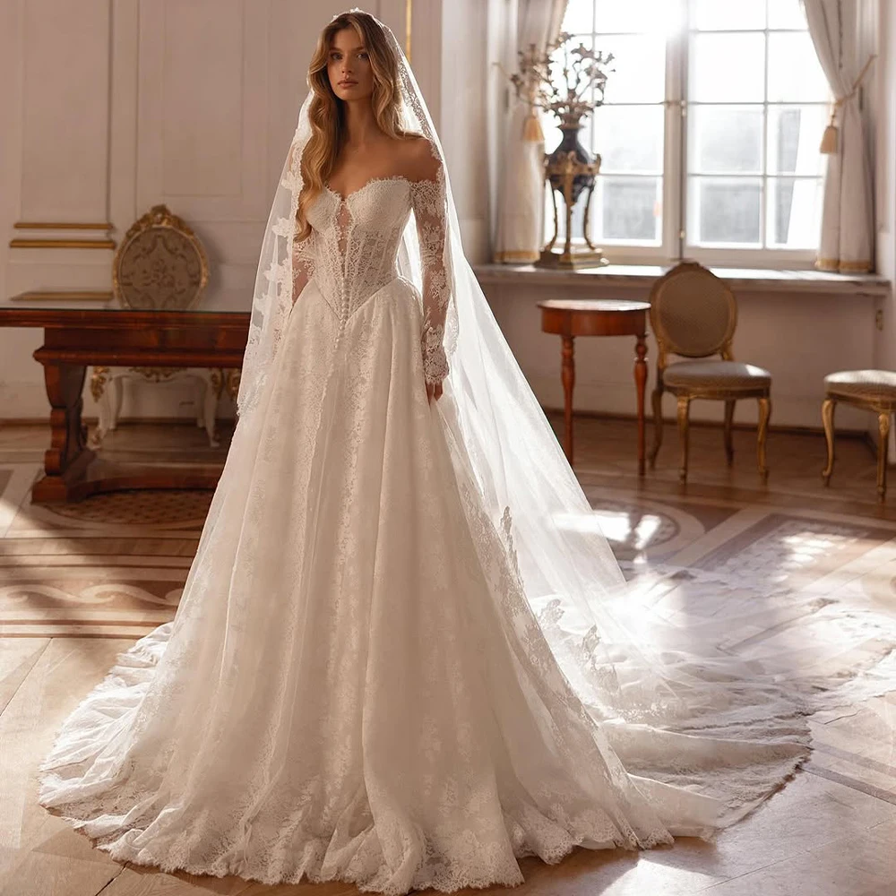 

Lace Weddings Dresses Sweetheart Long Sleeve A Line Princess Bride Dress Off Shoulder Sweep Train Church Bridal Gown Customized