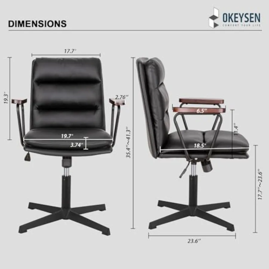 Desk Chair No Wheels for Home Office, PU Leather with Wooden Armrests, Black, Ergonomic Design and Thick Cushion Comfort