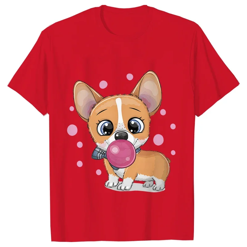 T Shirt Cartoon Ladies Tee Female Tops Clothes Summer Women Fashion T-shirts Clothing Funny Cute Corgi with Bubble Gum Graphic