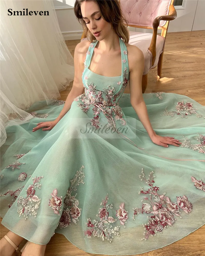 Smileven Mint Green Halter Prom Dresses robe de soirée 3d Flowers Ankle Length Evening Dresses Sexy Tulle Party Gowns