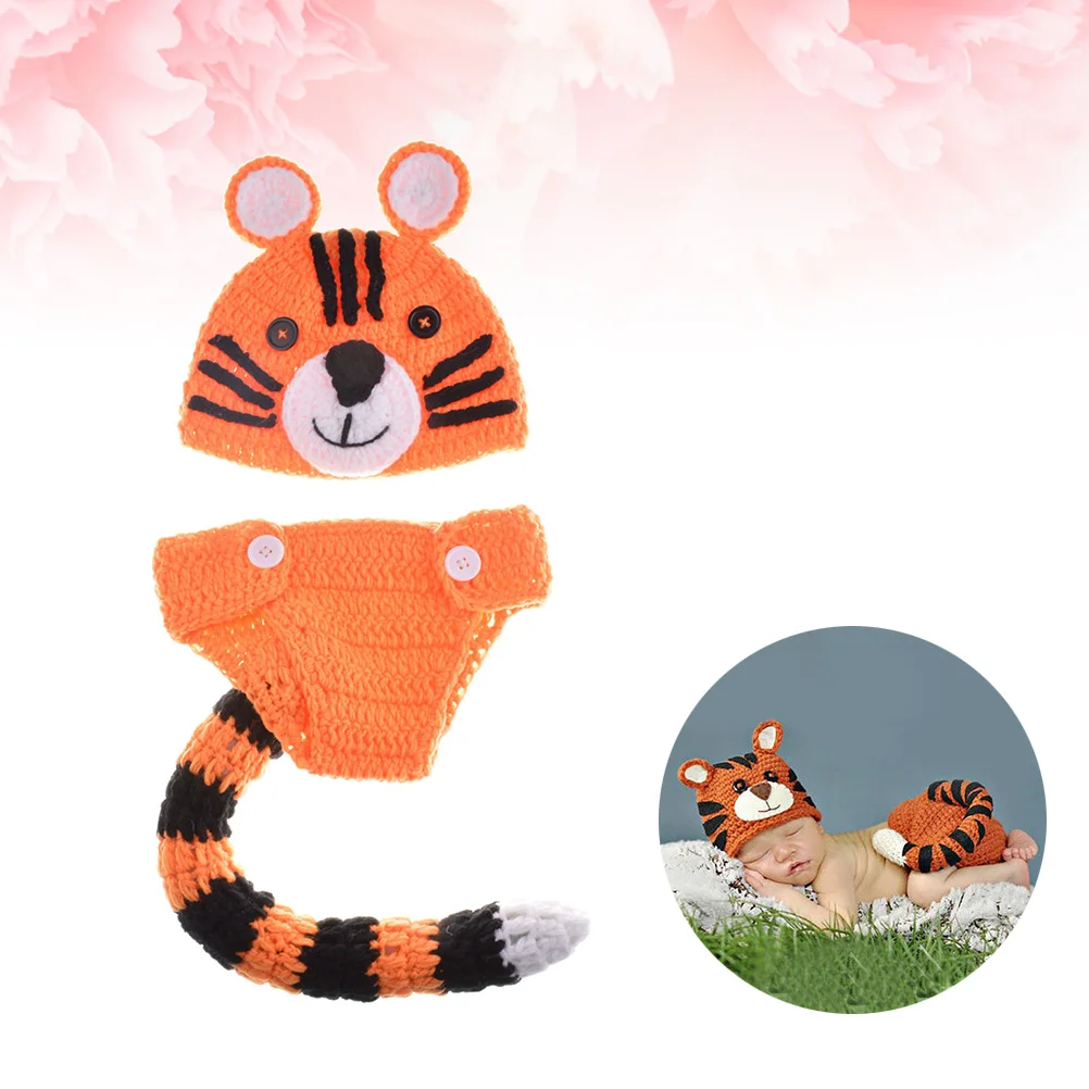 

Baby Photo Props Newborn Outfit Knitted Tiger Hat Long Tail Pants Set Photography Costume Infant Clothes Baby Photo Props
