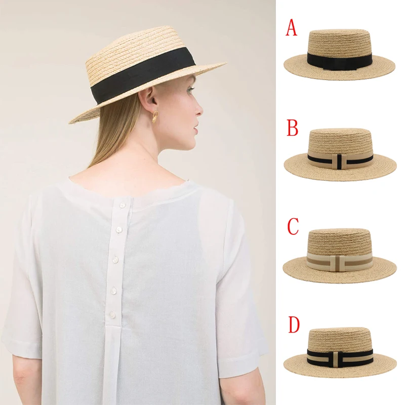 

Men Women Soft Straw Boater Hats Summer Sunhat Flat Top Caps Sailor Sombrero Beach Fedora Trilby Size US 7 1/8-7 1/4 UK M-L