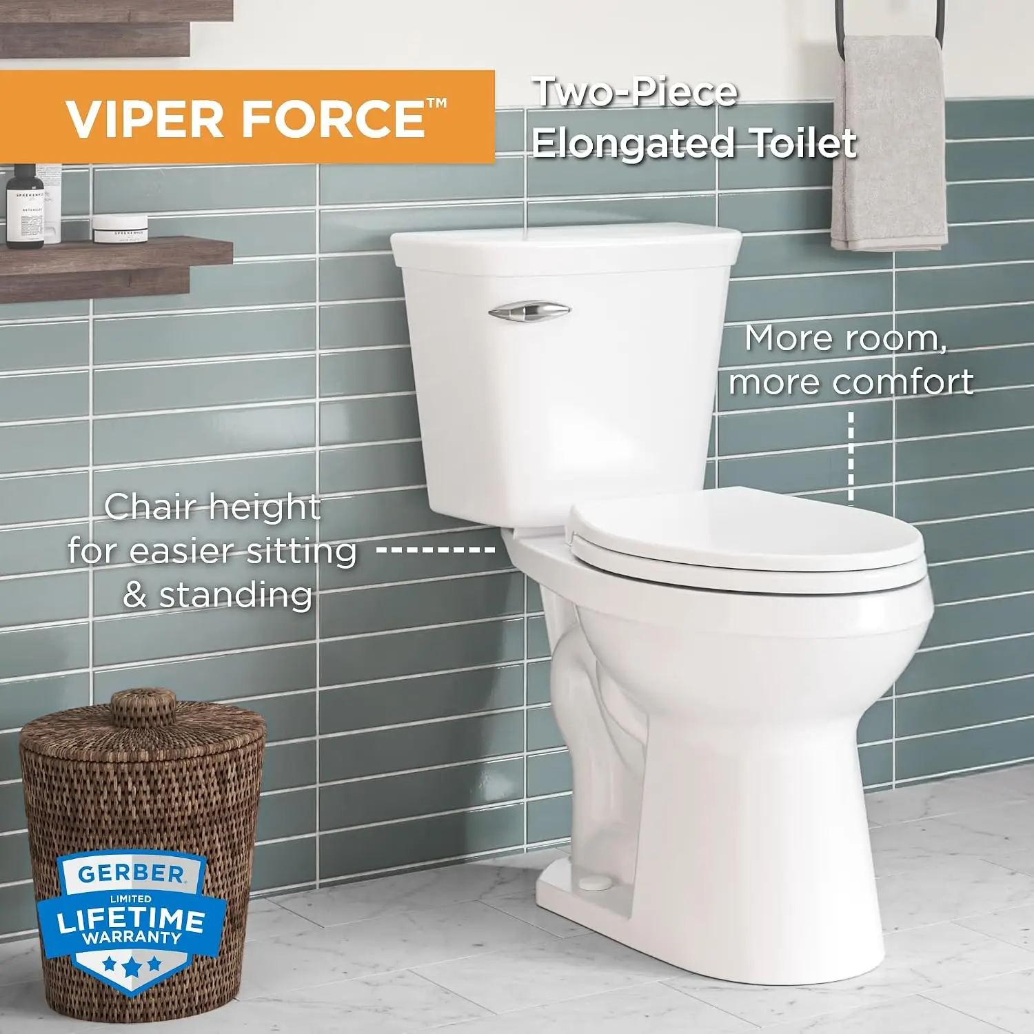 Viper Force Elongated Two-Piece Toilet with 12-in Rough-in, ADA Compliant Chair Height, High Efficiency 1.28 GPF, Soft-Close Sea