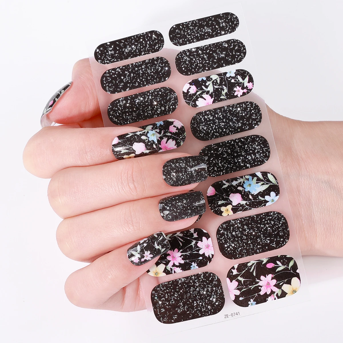 16Tips Full Cover Nail Stickers Black and Pink Flowers Nail Polish Stickers Sparkling Rose Self Adhesive Nail DIY Manicure Decor