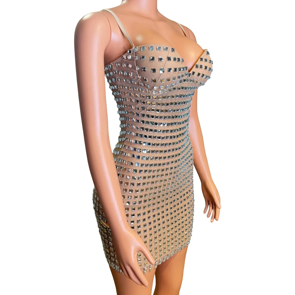 Robe de Soirée Sexy pour Femme, Tenue de Bal, d'Anniversaire, avec Strass Scintillants, Costume de Scène