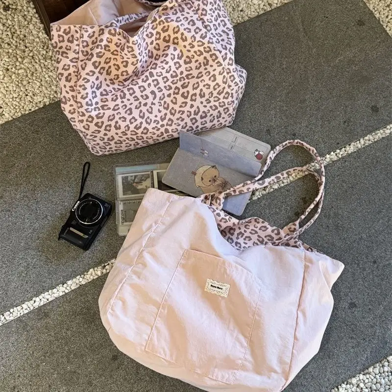 Pink Leopard Print Canvas Tote Bag Large Capacity Reusable Shoulder Handbag Shopping Bag Women Daily School Work Travel Bag image 5