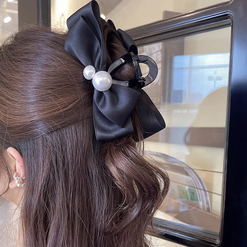 Pinza de pelo grande con lazo de perlas para mujer, Clip de tiburón con temperamento, accesorios para el cabello para chicas