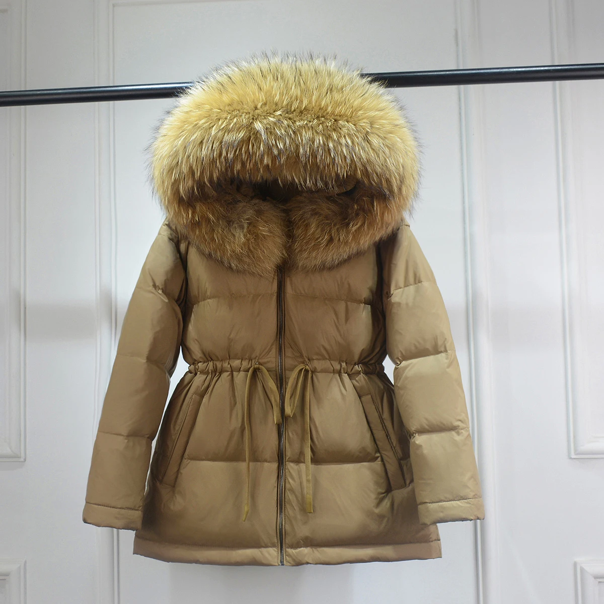 Winter Puffer Jacket Women Large Natural Raccoon Fur Hooded 90% Duck Down Coat Female Warm Sash Tie Parkas Waterproof