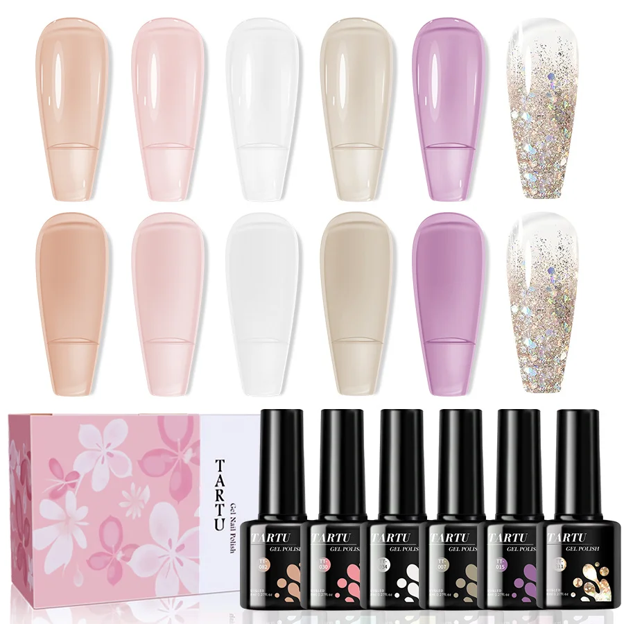 

6pcs Gel Nail Polish Set,Multicolor Glitter Nude 6 Colors Semi-permanent Gel Polish Kit, Soak Off Uv/Led,Nail Art Manicure Top