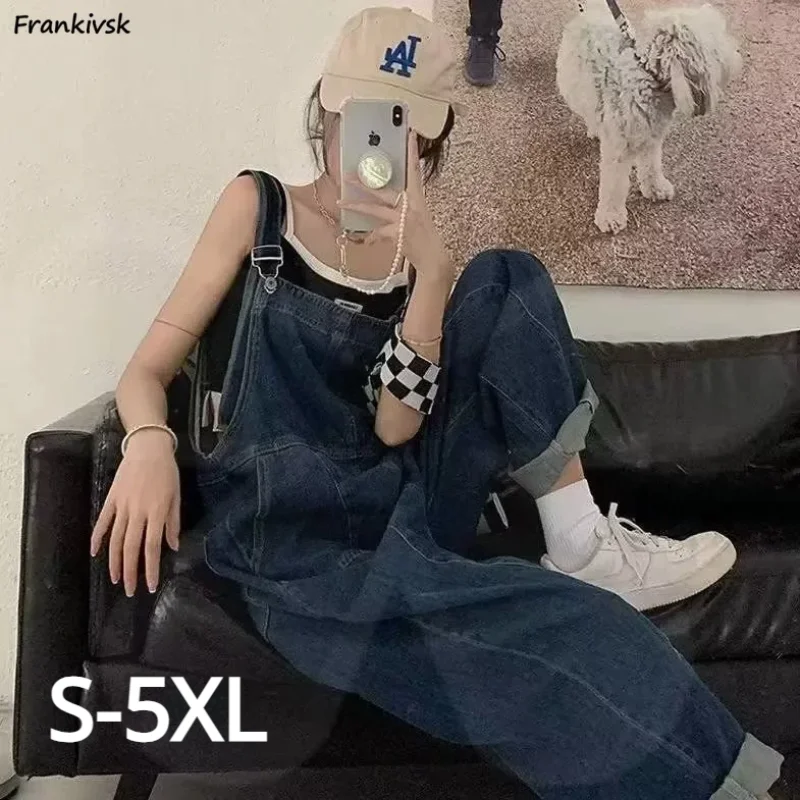 

S-5XL Denim Jumpsuits Women High Street Summer Chic Clothing All-match Fashion Harajuku Sleeveless Design Baggy College Korean