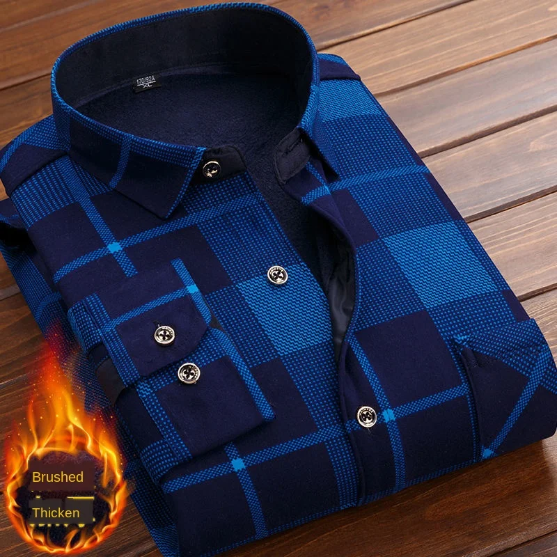 Autumn Winter Thick Velvet Dress Shirt For Men Casual Long Sleeve Warm Fleece Lining Shirts Fashion Soft Flannel Plus Size 5XL