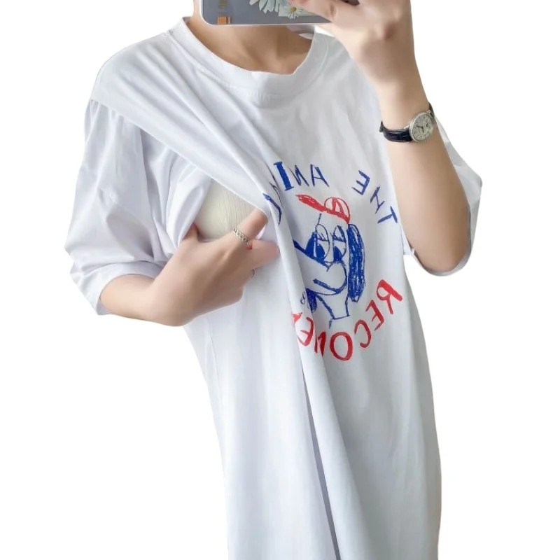 ママの白い授乳ドレス女性ピンク授乳マタニティサイドスプライストップス-tシャツ授乳服-wt034
