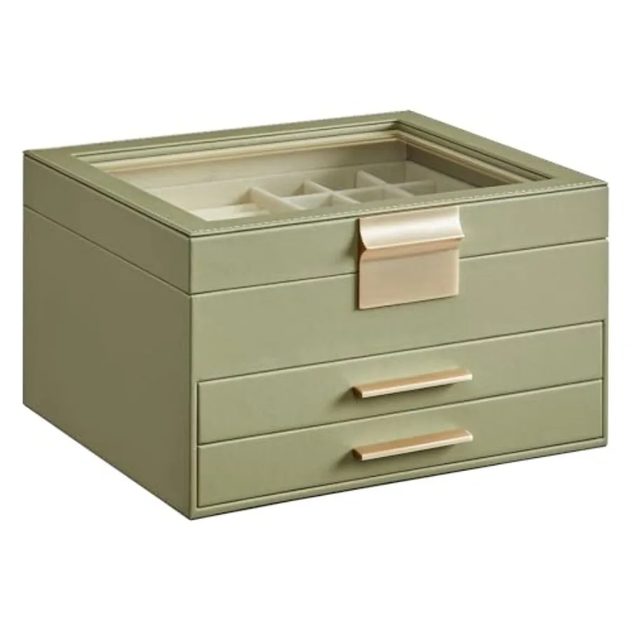 

Коллекция GISELLA - Шкатулка-органайзер для украшений - Ящик для хранения украшений с выдвижными ящиками, блестящей металлической фурнитурой, стеклянной крышкой, современный дизайн, 8 x 9.1 x 5.3 дюйма.