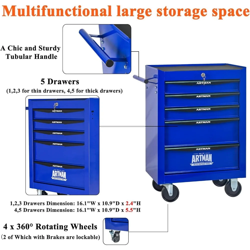 다기능 롤링 공구함 5개의 서랍으로 창고 내 보관 및 정리에 적합