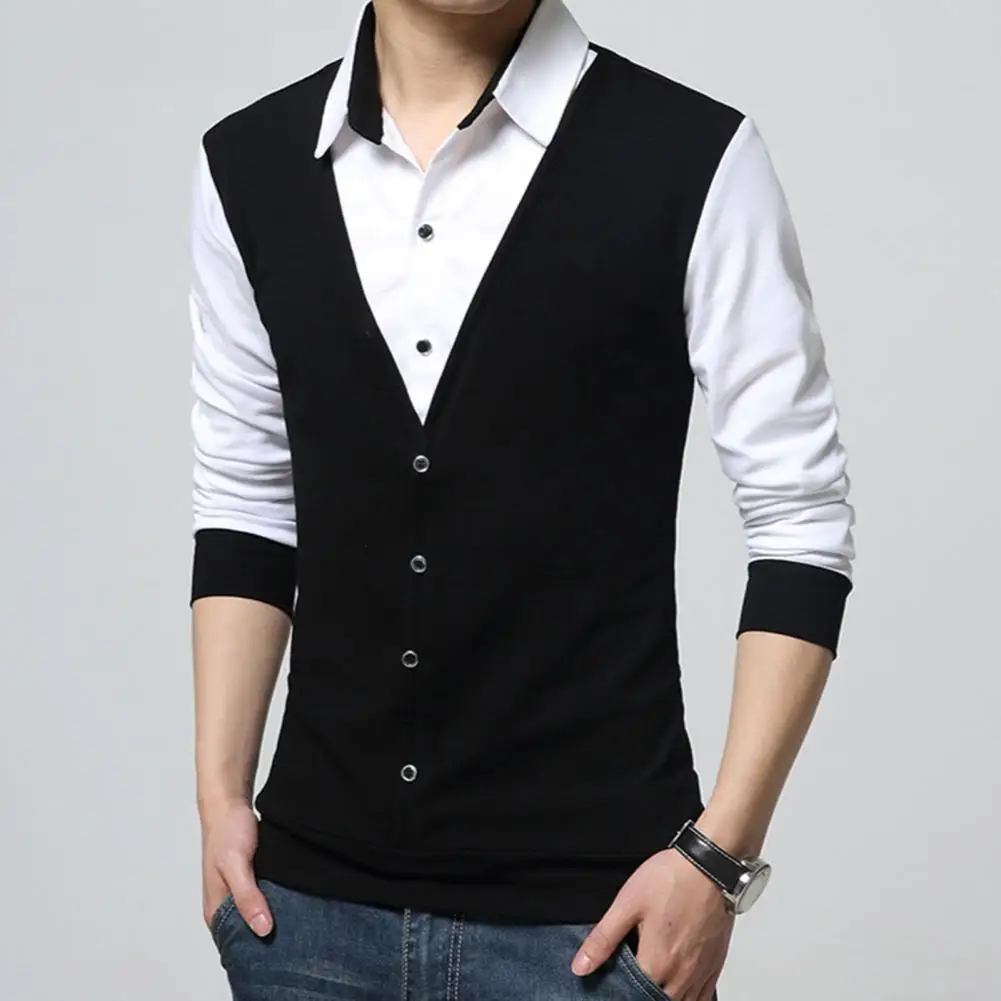 2023 Men's Cardigan Long Sleeve Top Business Leisure Fashion Fake Two Piece Sweater Warm V-neck Tank Top Pullover