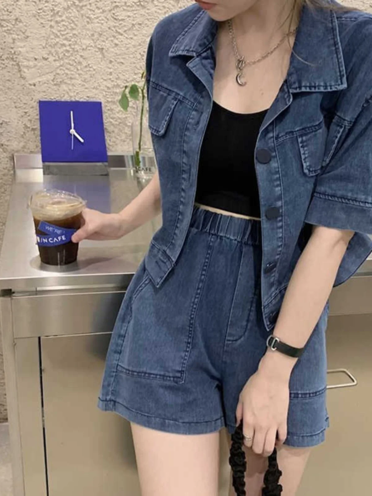 

Retro Hong Kong Sle Women's Summer plus Size Denim Set ort Sve Top And orts Two Piece Suit Casual Loose Fit Cotton