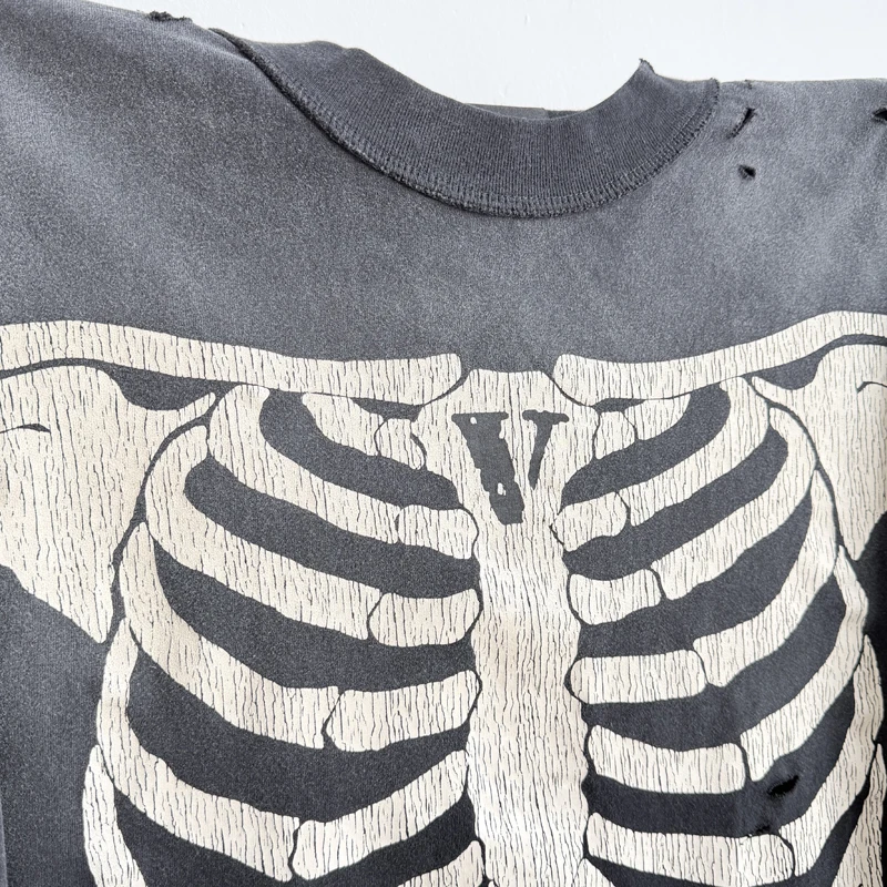 Vintage Washed Black Worn Hole Saint Long Sleeve Tshirt X-ray Human Body Perspective Rib Crack Print Pullover Hiphip Streetwear