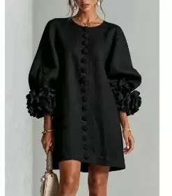 Damen Französisches 3D-Blumenkleid mit Laternenärmeln aus Baumwolle und Leinen, Rundhals, einreihig, locker geschnitten, kurzes Urlaubskleid für mollige Frauen – Detail 13