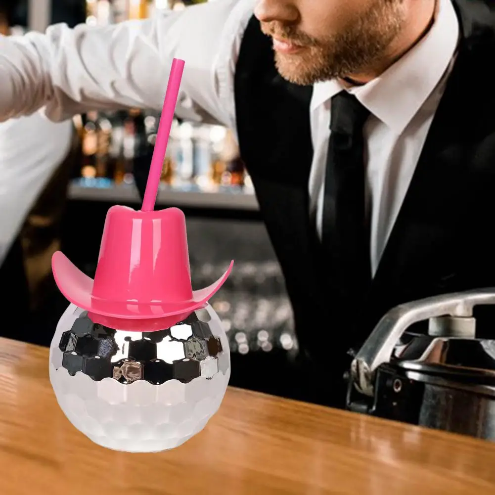 600ml Straw Cup with Lid Ball Shape Leak-proof Creative Flash Cowboy Hat Wine Glasses Cup Night Club Bar Water Bottle Water Cup