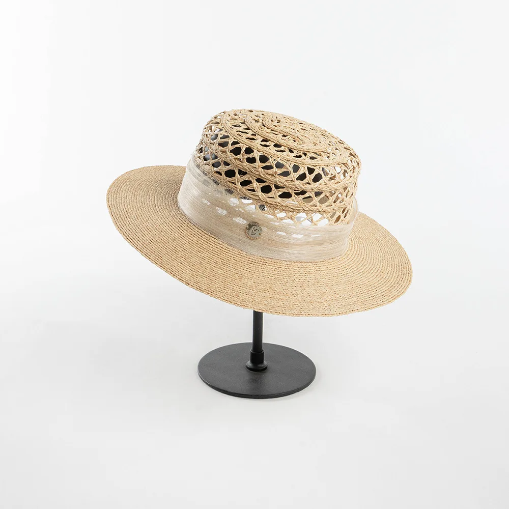 USPOP Summer Fashion Casual Hand-woven Hollow Top Raffia Sun Hat with Silk Linen Ribbon Flat Top Straw Hat Sunshade