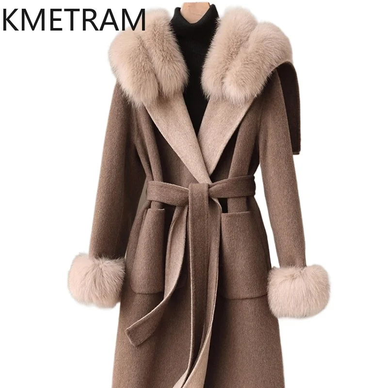 

KMETRAM Пальто из 100% натуральной шерсти с воротником из лисьего меха Модное высококачественное пальто средней длины на осень-зиму 2025 пальто женское
