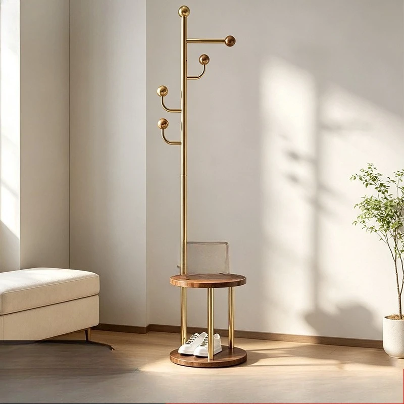Floor-to-ceiling coat rack Gold double-layer solid wood disc storage hanger Entrance Bedroom clothing