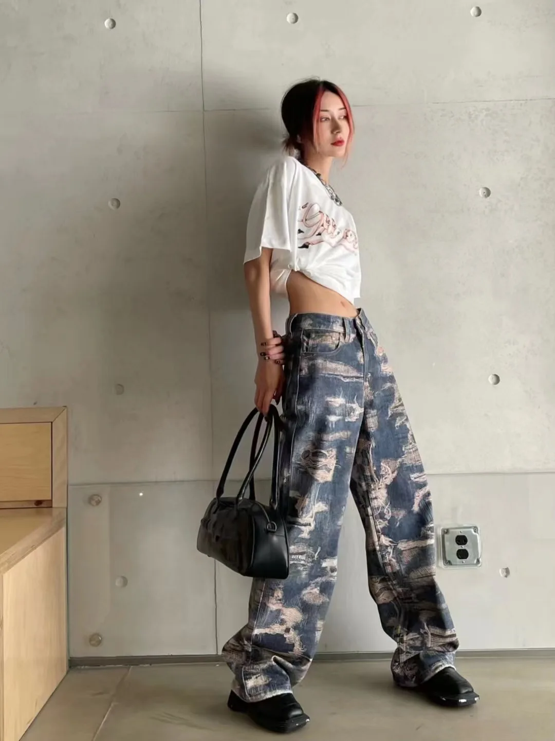 

Digital Print High Street Washed Vintage Wide Leg Loose Fit Personality Jeans Distressed Straight Leg TS Casual Youth Jeans