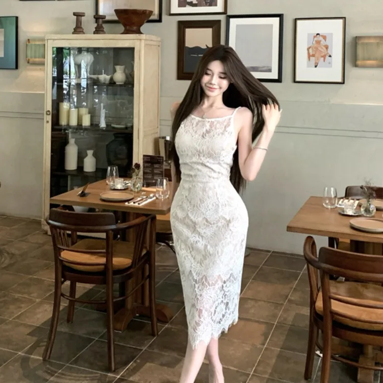 Design Sensation Zachte Kanten Dr met Ingebouwde Bh Pad Afslanken Dames Faion Zomer 2025, Koreaanse Sle Hoge Taille Lange Rok