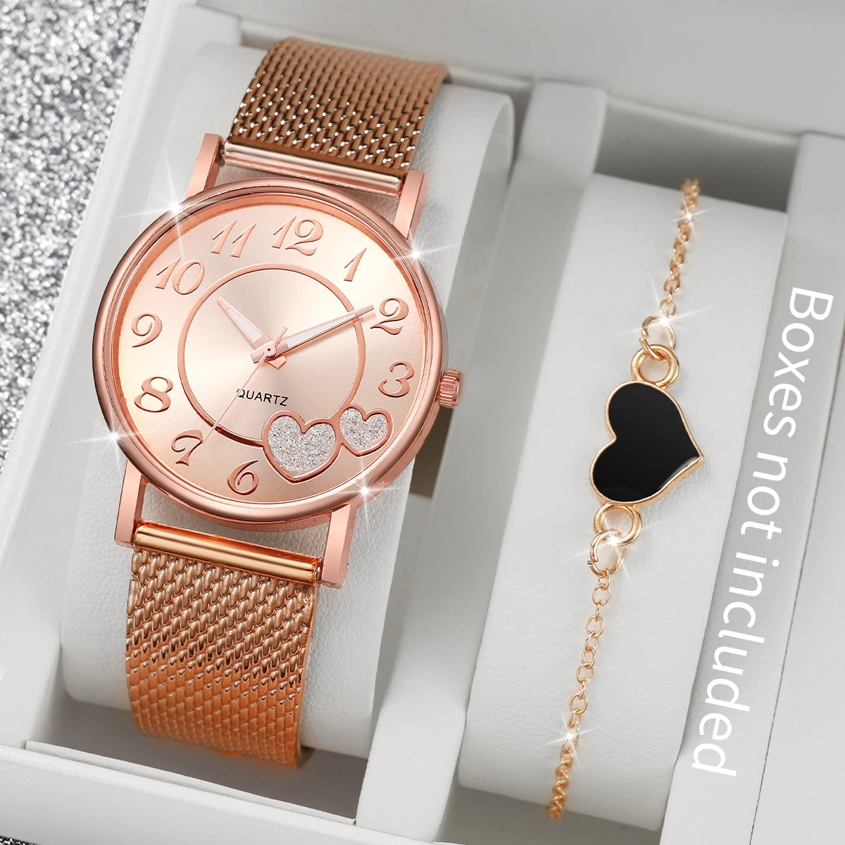 Women's Quartz Watch with Plastic Bracelet, Analog Watches, Caseless Bracelet Set, Heart Dial, Fashion, 2 Pieces Per Set