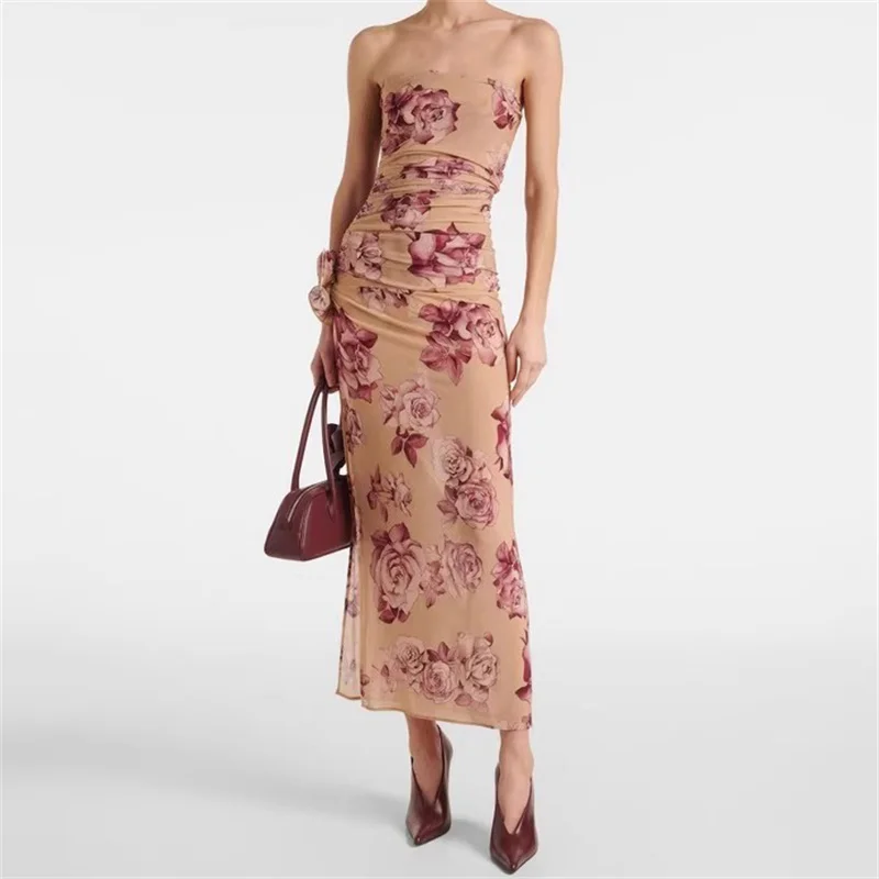 

Women's dress New elastic slim fit sleeveless long dresses for summer 2025 3D flower decoration midi dresses y2k party dresses