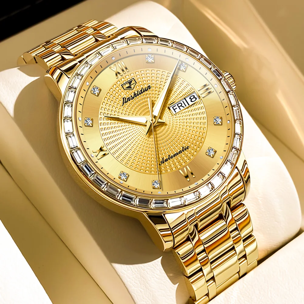 Мужские часы JSDUN 8959, модные трендовые часы с двойным календарем и римскими шкалами, алмазные часы, роскошные брендовые автоматические механические мужские часы