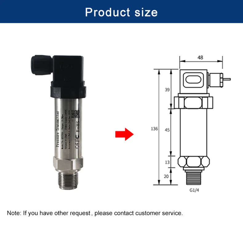 Pressure Water Measurement Transducer 4-20mA 10V 5V RS485 Output Optional NPT 1/4 Connector Pressure Transmitter