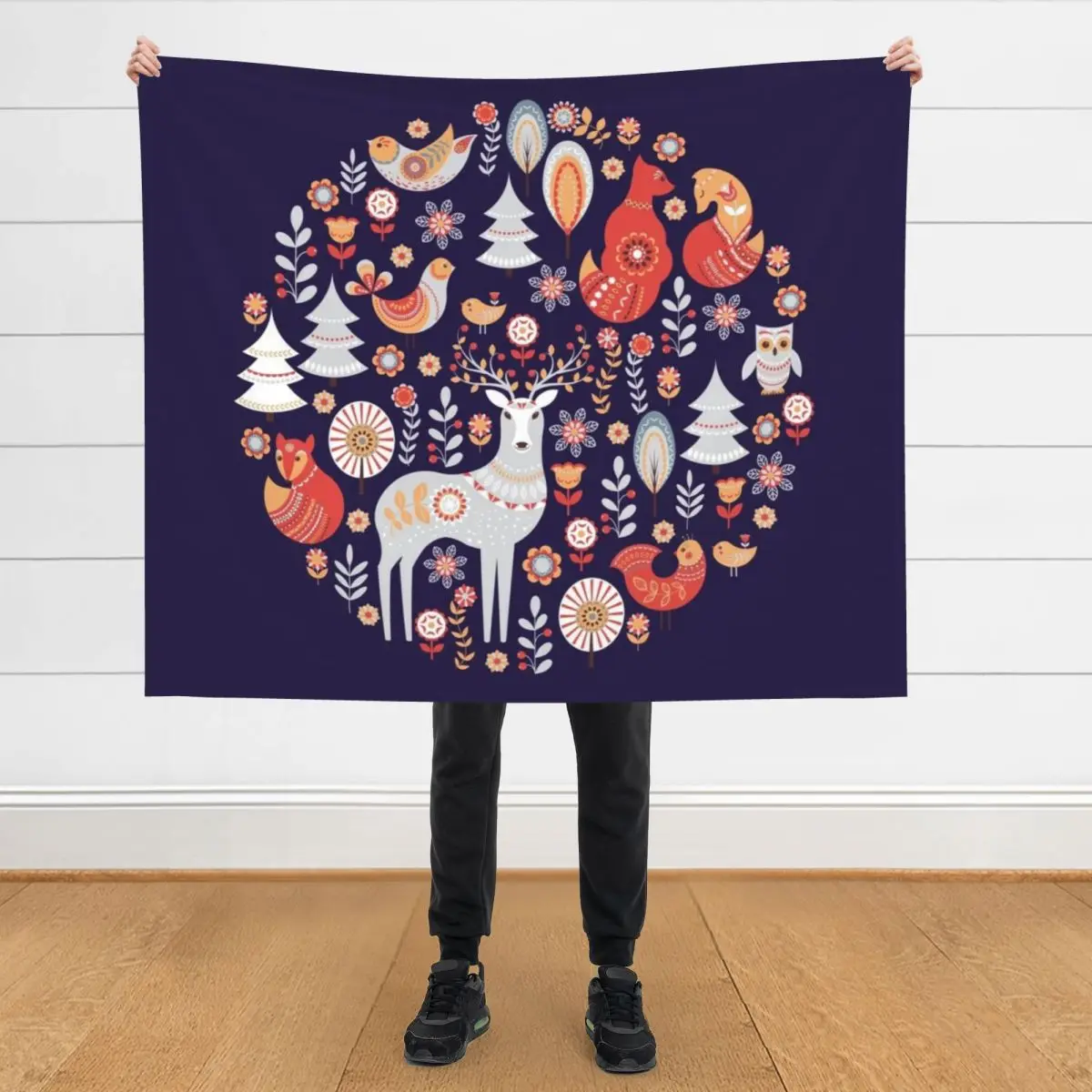 

Fairy-tale forest. Foxes, deer, birds, owls, flowers and herbs on a blue background. Throw Blanket Flannels Soft Furry Blankets