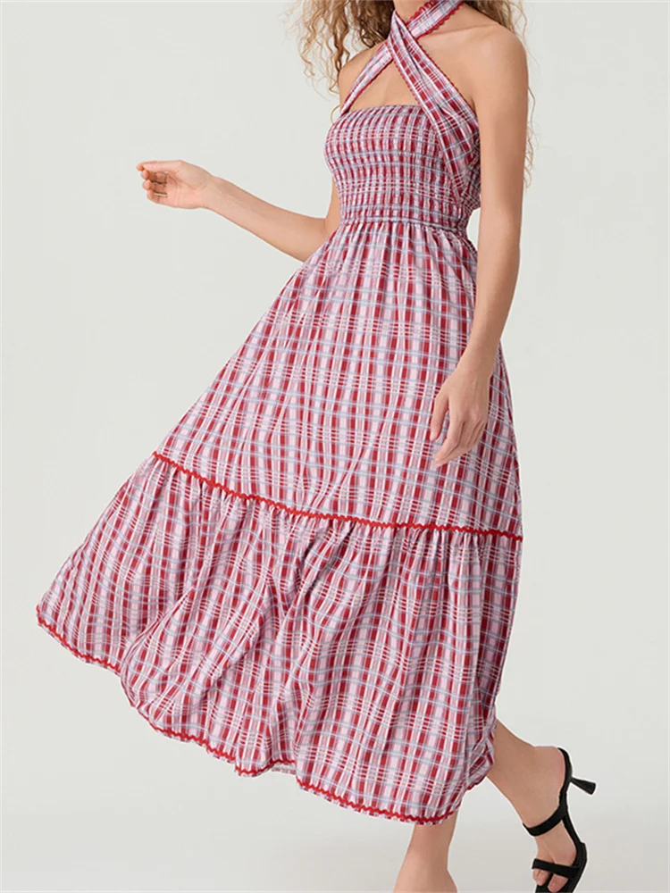 Chronstyle Frauen Halfter von der Schulter langes Kleid ärmellose rücken freie Plaid-Print hohe Taille lose lässige Strand kleid Vestido 2024