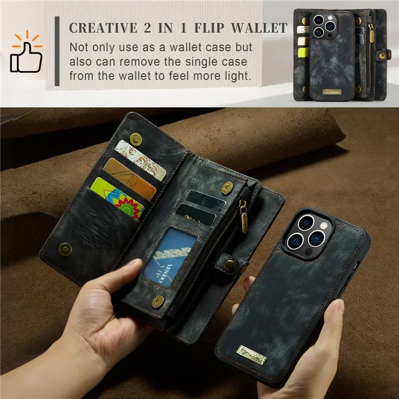 Etui z paskiem na szyję i skórzanym portfelem Caseme do iPhone 18 17 16 15 14 12 13 11 Pro Max Se2020, magnetyczne etui z zamkiem błyskawicznym, pokrowiec na karty, Hoesje — zdjęcie produktu 3