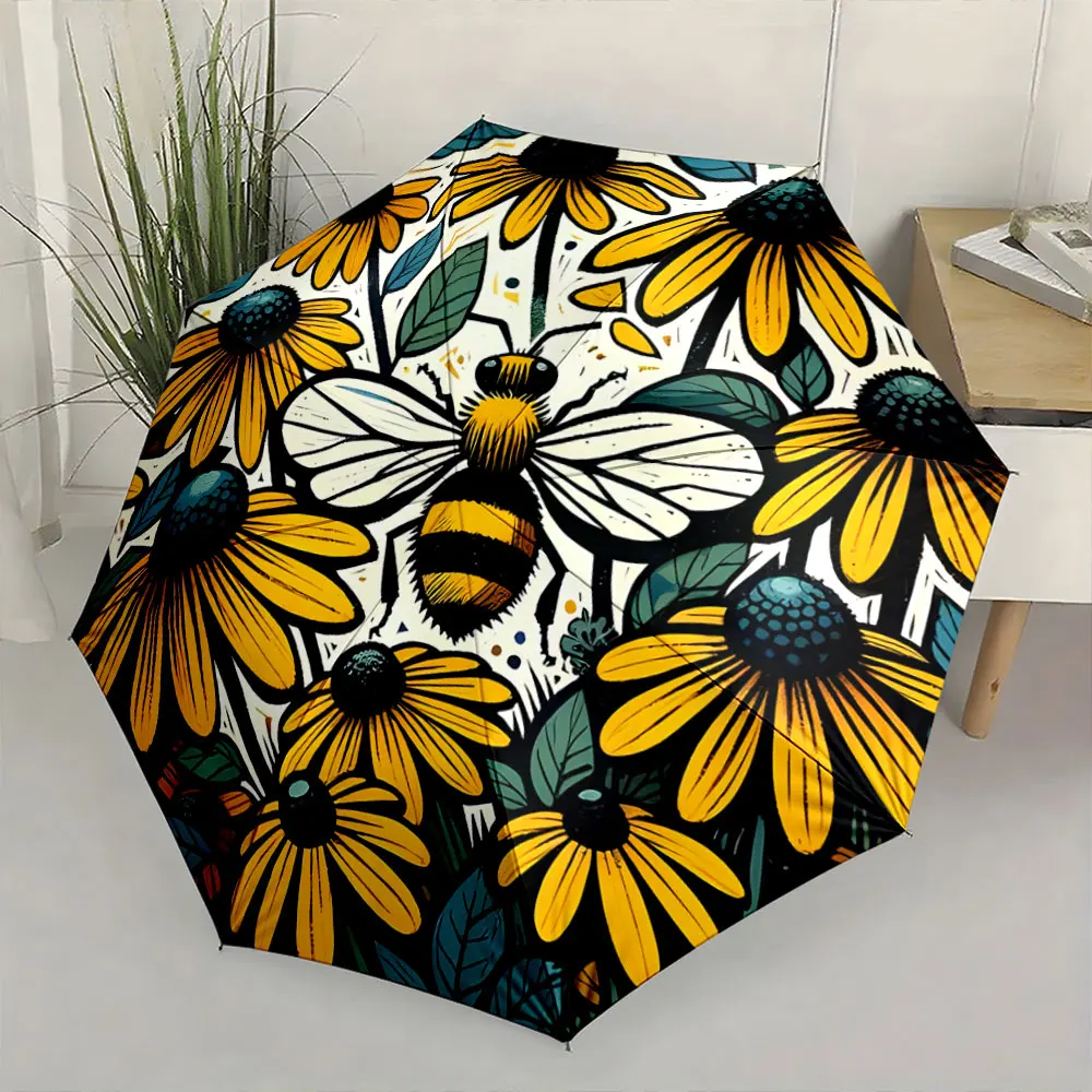 1PC Bee and Sunflower Themed Umbrella for Stylish Protection Print 8 Iron Ribs Folding Umbrella Auto-Open Fashion Sunshade