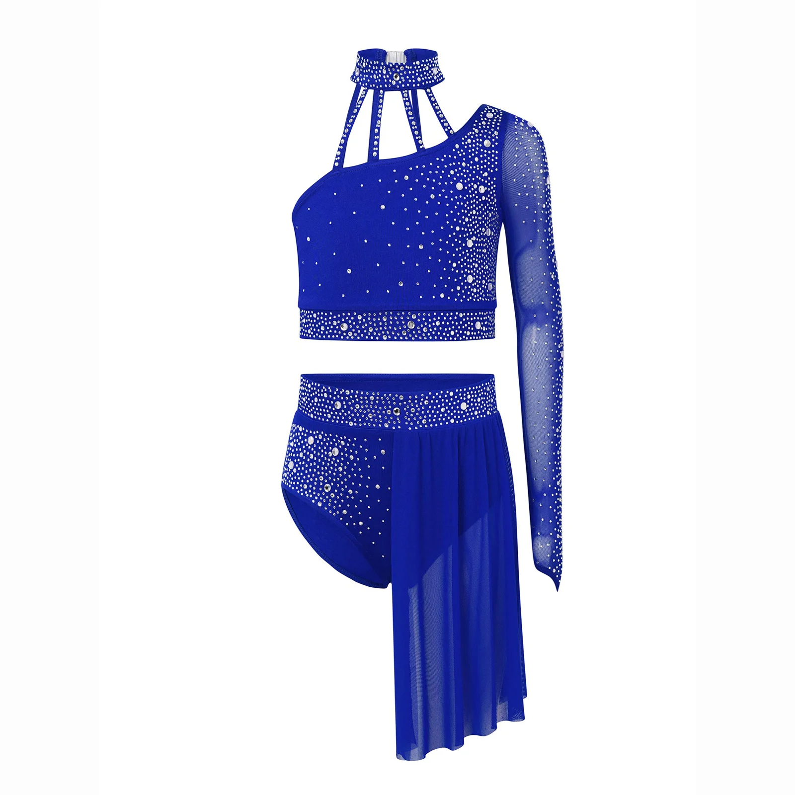 

Kids Girls Ballet Lyrical Dance Sets Modern Contemporary Costume Long Sleeve Shiny Rhinestone Crop Top with Irregular Skirt Suit