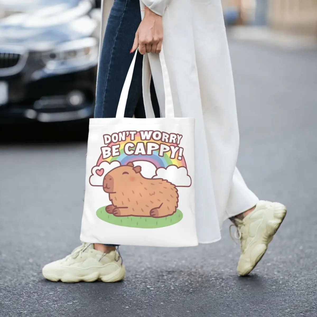 Women Men Cute Capybara Don't Worry Be Happy Cappy Tote Bags Canvas Kawaii Capybaras Shopping Bag for Girl Handbags